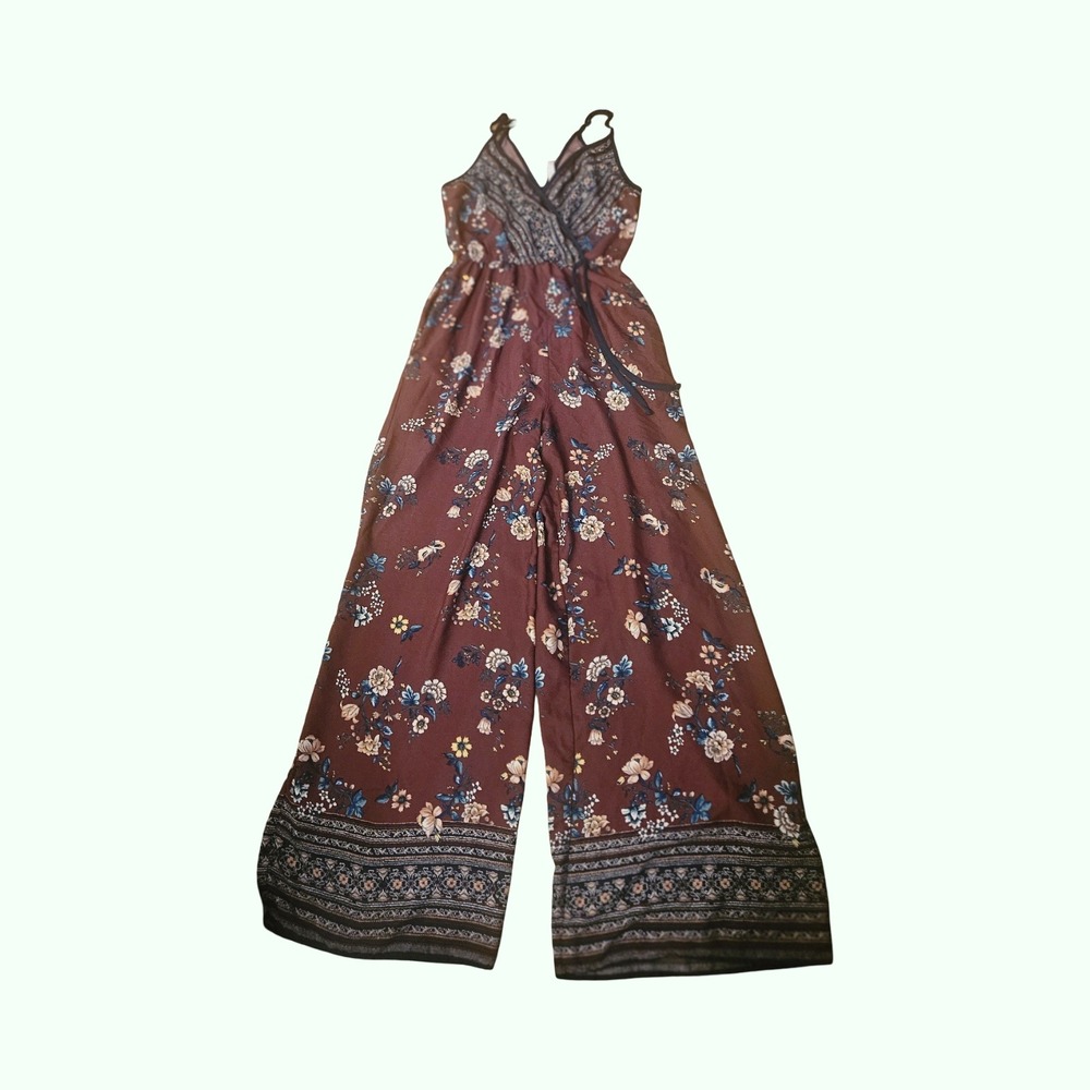 Floral Wide Leg Jumpsuit Burgundy Boho Surplice‎ Sleeveless Romper Small